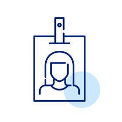 ID badge in a holder. Granting access. Female worker photo. Pixel perfect, editable stroke icon
