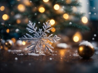 Christmas Tree Branch with Snowflakes Illuminated at Night