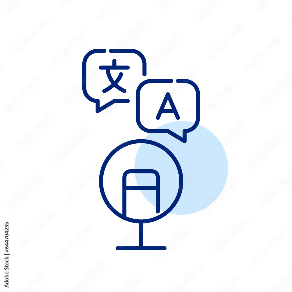 Poster language interpreting services. podcast studio microphone and messages in a chat. pixel perfect, edi
