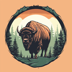 Vintage retro hand drawn style Vector logo badge of big horn bison bull buffalo. pine tree evergreen forest wild scene landscape. flat color. The color palette pastel solid color, isolated background © stylusstudio