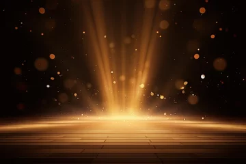 Fotobehang Illustration Center gold stage. spotlight on dazzling show. Dramatic illumination. Event spotlighting in night. Entertainment extravaganza. Bright lights at theater © Bussakon