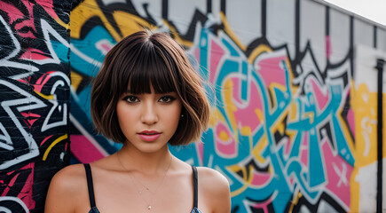 Bob Cut Beauty: Stylish Woman Model Posing by Graffiti Wall