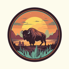 Vintage retro hand drawn style Vector logo badge of big horn bison bull buffalo. pine tree evergreen forest wild scene landscape. flat color. The color palette pastel solid color, isolated background © stylusstudio