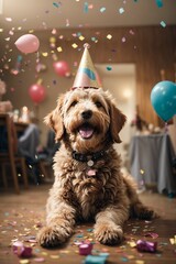 Cute dog with birthday cake and confetti at table in room