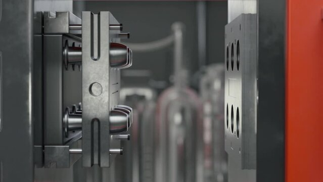 Plastic Injection Molding By Industrial Automated Machine Of Manufacturing Factory. Molding Machine With Automated Mechanism Releases Processed Caps. Mass Production. Batch Finishing