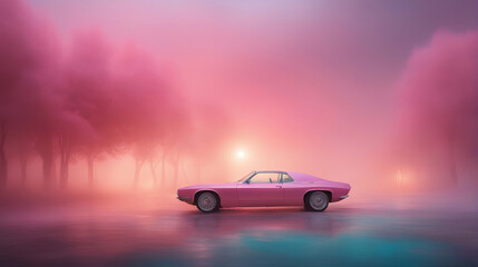 Purple car in the fog. 3d render. Abstract background