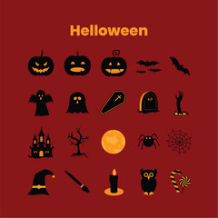 Halloween elements vector, Pumpkins, bats, ghosts, coffin, grave or gravestone, zombie, castle, oak tree, moon, spider, cobweb, witch hat, witch broom, candle, owl and candy.