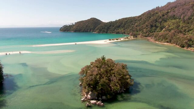 Aerial Approach Towards A White Sand Beach With Turquoise Blue Water; Abel Tasman National Park Is New Zealand's Travel, Vacation, Paradise.