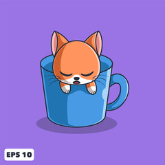 Vector Cute Orange Cat Sleeping On the Blue Coffee Mug. Animal Cartoon Illustration for Logo, Mascot, Icon