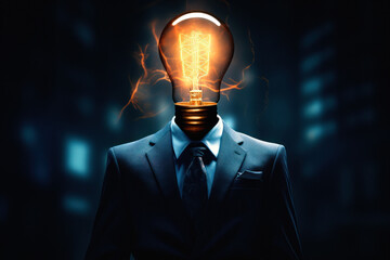 Business suit with a light bulb. Illuminating ideas, confidence, and leadership in the corporate world, unveiling the power of creativity, intelligence, and the journey of success - obrazy, fototapety, plakaty