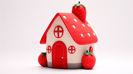a felt house covered with strawberry, red and white decorations. Generative AI