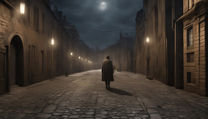 Mysterious silhouette of a man walking in an old street at night