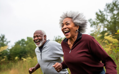 Black african american dark-skinned happy smiling active senior couple, retired husband and wife having fun outdoors