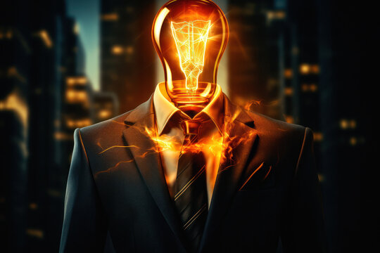Business suit with a light bulb. Illuminating ideas, confidence, and leadership in the corporate world, unveiling the power of creativity, intelligence, and the journey of success