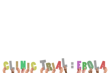 Digital png illustration of hands holding clinic ebola text on transparent background