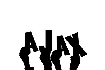 Digital png illustration of hands holding ajax text on transparent background