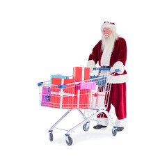 Digital png photo of santa claus with presents in shopping trolley on transparent background