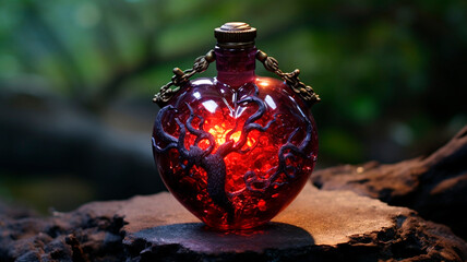 Amazing heart shaped potion bottle, poison or magic potion. love drink. Generative AI