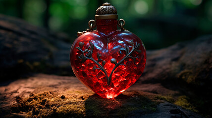 Amazing heart shaped potion bottle, poison or magic potion. love drink. Generative AI