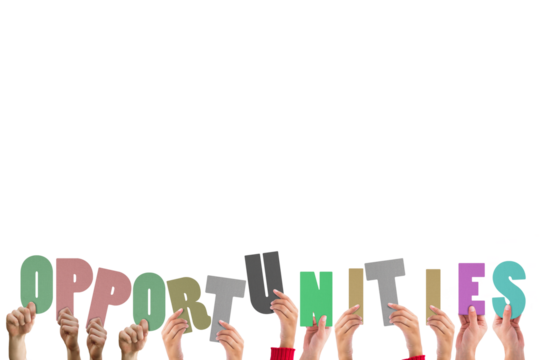 Digital png illustration of hands holding opportunities text on transparent background