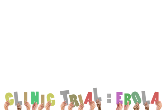 Digital png illustration of hands holding clinic ebola text on transparent background