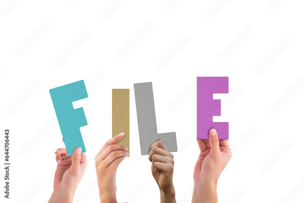 Poster digital png illustration of hands with file text on transparent background