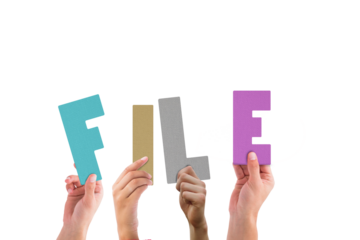 Digital png illustration of hands with file text on transparent background