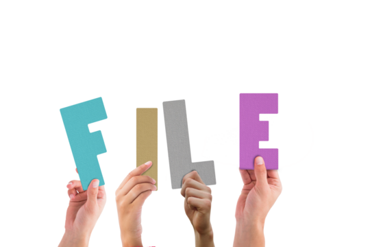 Digital png illustration of hands with file text on transparent background - Powered by Adobe