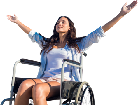 Digital png photo of caucasian woman in wheekchair with hands in air on transparent background
