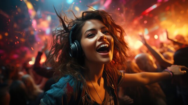 At a music electronic music festival, a group of people is dancing and having fun