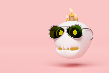 3d halloween holiday party with skull, candle, sunglasses, flame isolated on pink background. 3d render illustration
