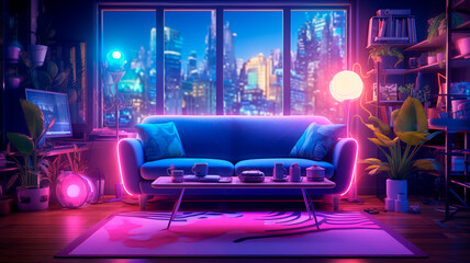living room, neon cozy atmosphere, modern cyber punk style. Generative AI