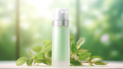 A light green background featuring frosted glass bottle designs for a skincare set. Generative AI