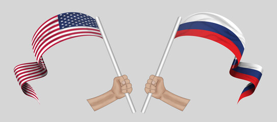 3D illustration. Hand holding flag of Russia and USA on a fabric ribbon background.