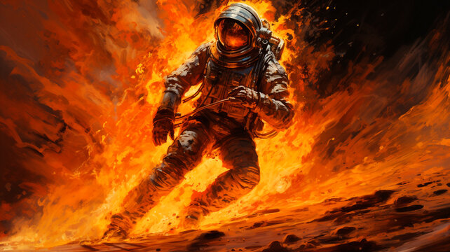 an astronaut in a spacesuit engulfed in flames, a cotostrophic space rescue scenario. Generative AI