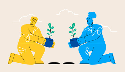 Man and woman holding trees to plant. Colorful vector illustration