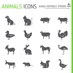 Animals solid icon set, livestock vector collection, logo illustrations, zoo animal vector icons, glyph style pictogram pack, editable stroke icons.