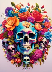 Group of flowered skulls created with Generative AI technology.