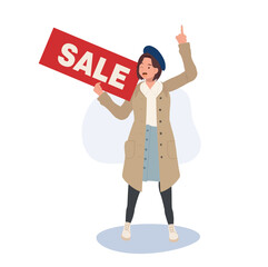 Seasonal Shopping Spree. Autumn Sale. Full-Length Stylish Woman Holding Sale Sign with Shopping Bags. Happy Shopper with Autumn Discounts