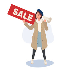 Seasonal Shopping Spree. Autumn Sale. Full-Length Stylish Woman Holding Sale Sign with megaphone. Happy Shopper with Autumn Discounts