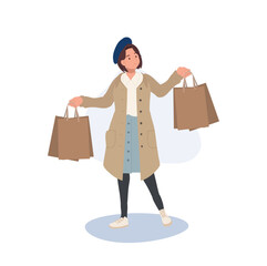 Seasonal Shopping Spree. Autumn Sale. Full-Length Stylish Woman Holding shopping bags. Happy Shopper with Autumn Discounts