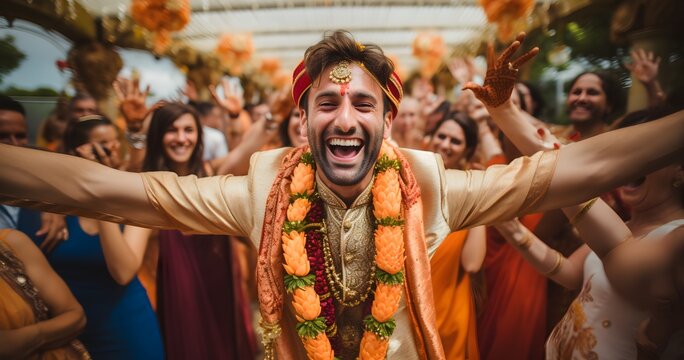 Hindu wedding man or woman smile happy celebrate Generative AI