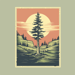 vintage retro pine tree in forefront with forest mountain scene logo badge vector illustration