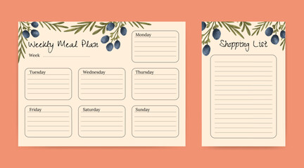 meal planner and shopping list template with fruit illustration