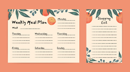 meal planner and shopping list template with fruit illustration
