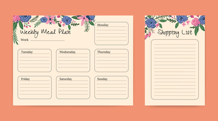 meal planner and shopping list template with floral illustration