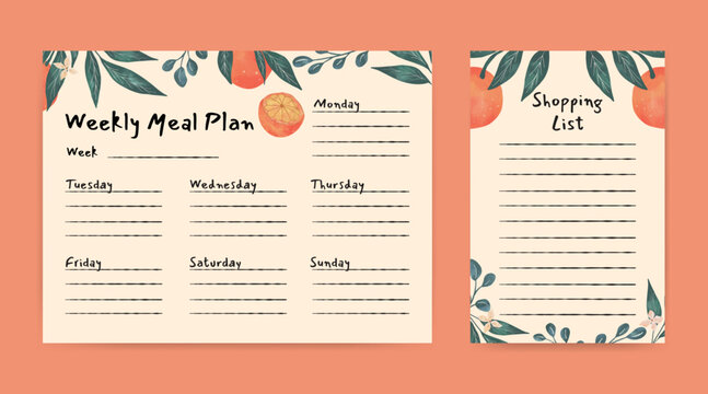 meal planner and shopping list template with fruit illustration