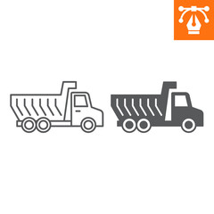 Dump truck line and solid icon, outline style icon for web site or mobile app, construction and building, dumper vector icon, simple vector illustration, vector graphics with editable strokes.