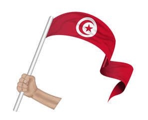 3D illustration. Hand holding flag of Tunisia on a fabric ribbon background.