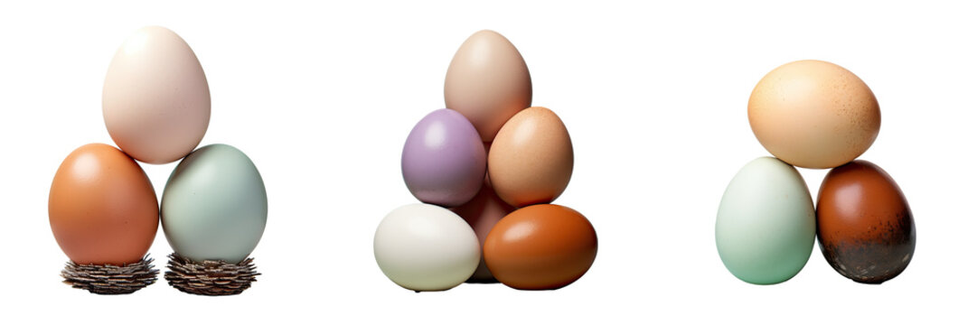 Closeup image of three different color eggs laid by different hens isolated on transparent background achieved through focus stacking